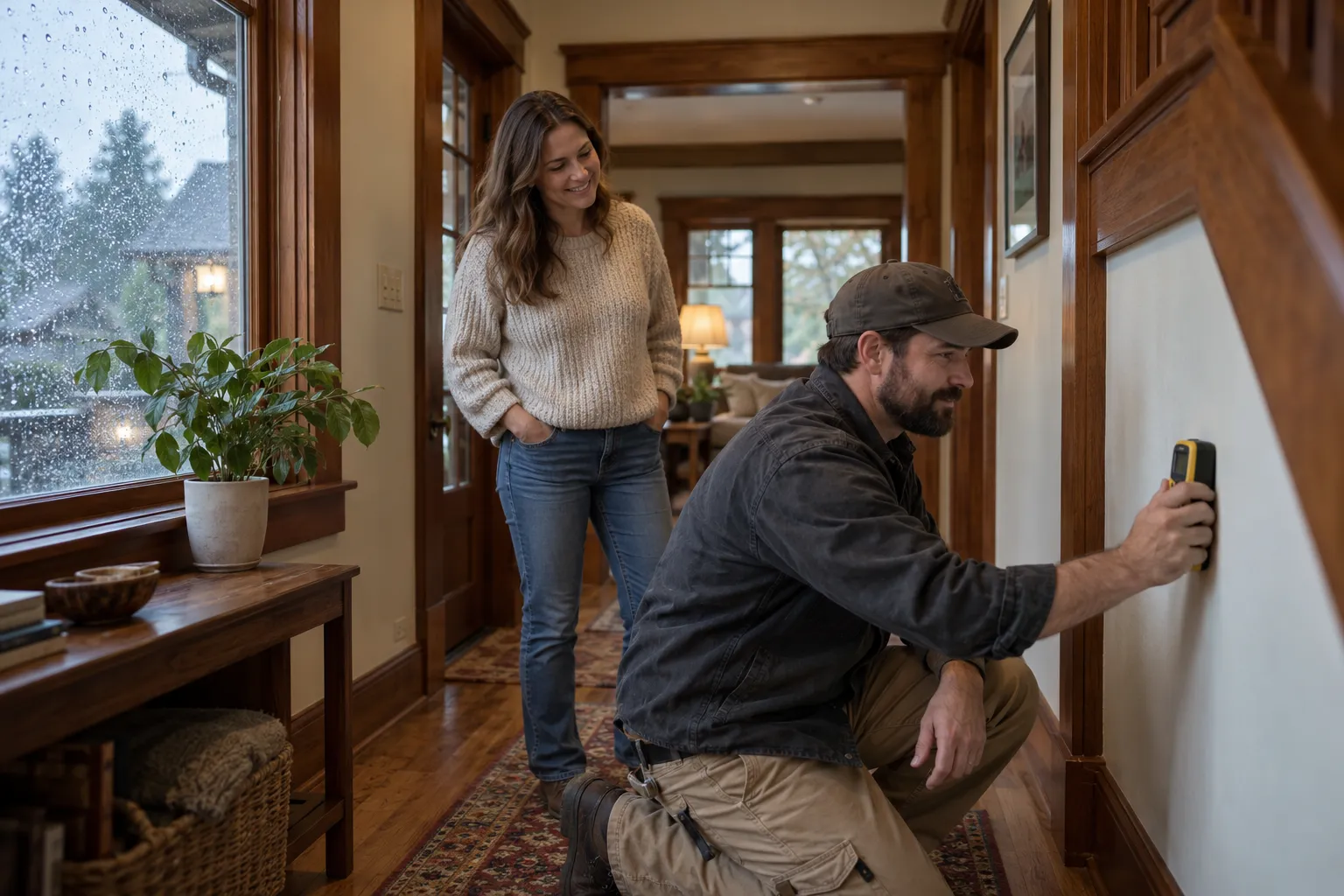 A friendly mold inspector checking a wall with a moisture meter in a Portland home