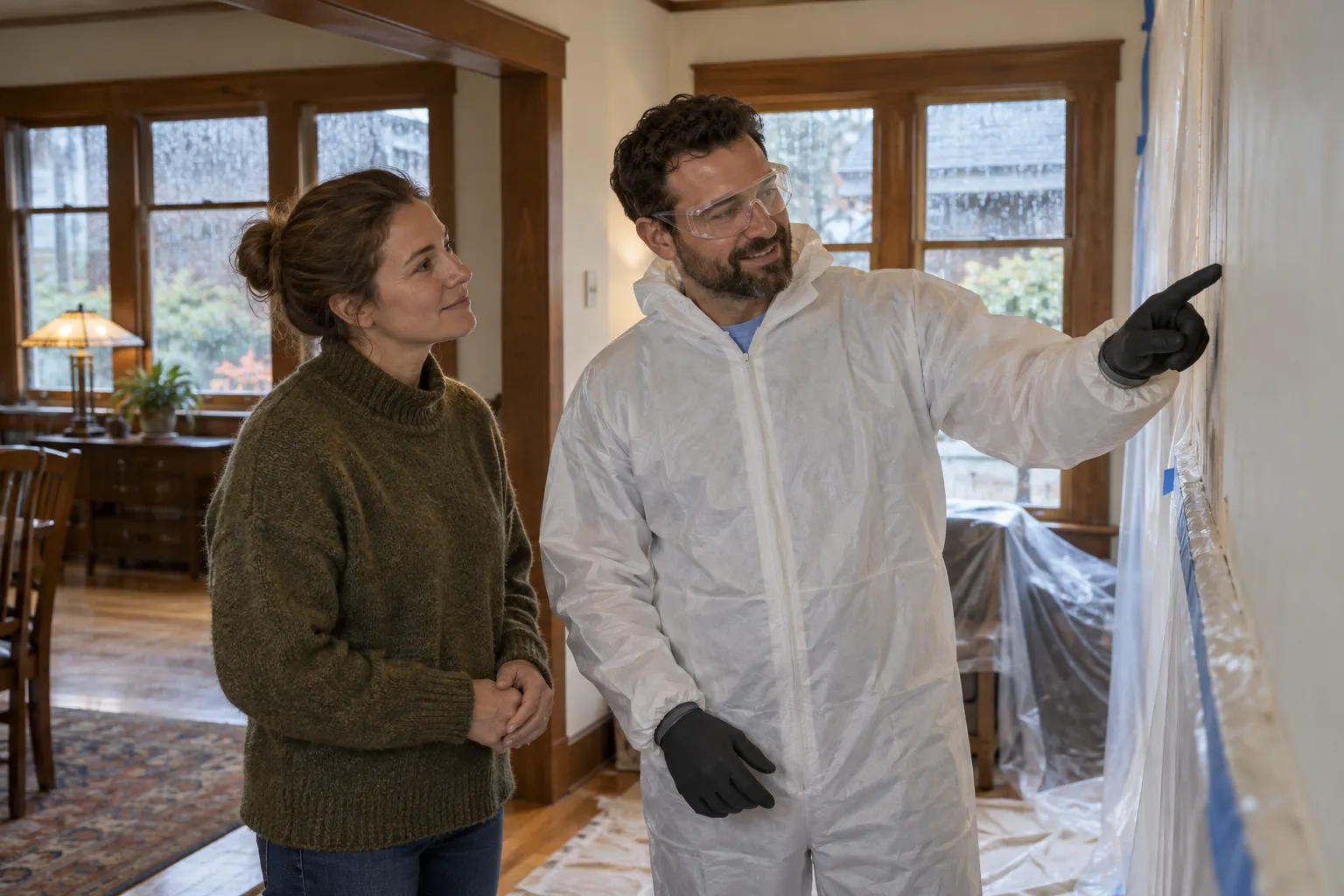 Friendly mold remediation provider reviewing a damp wall with a homeowner in a wood-frame home in Portland